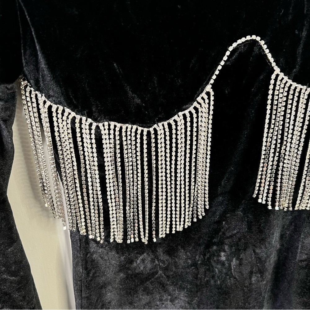 Thiliko Black Velvet Rhinestone Fringe Mock Neck‎ Mini Dress Small Long Sleeve - Picture 4 of 10